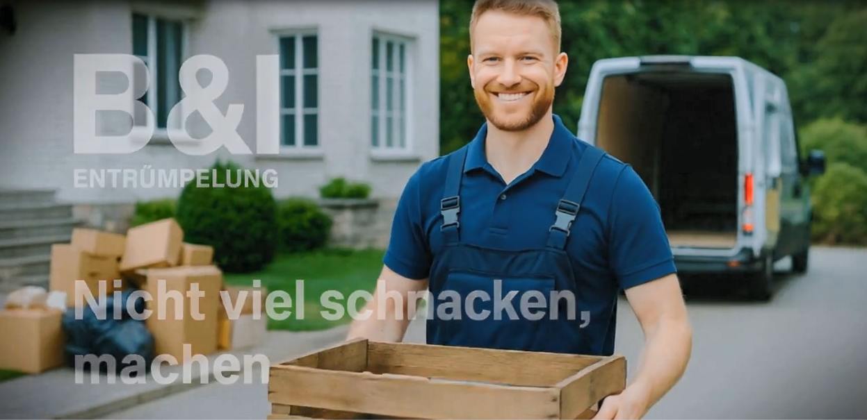 Umzug zum Festpreis inkl. ein Lächeln Lächelnder Mann trägt eine Kiste vor einem B&I Transporter und Umzugskartons.